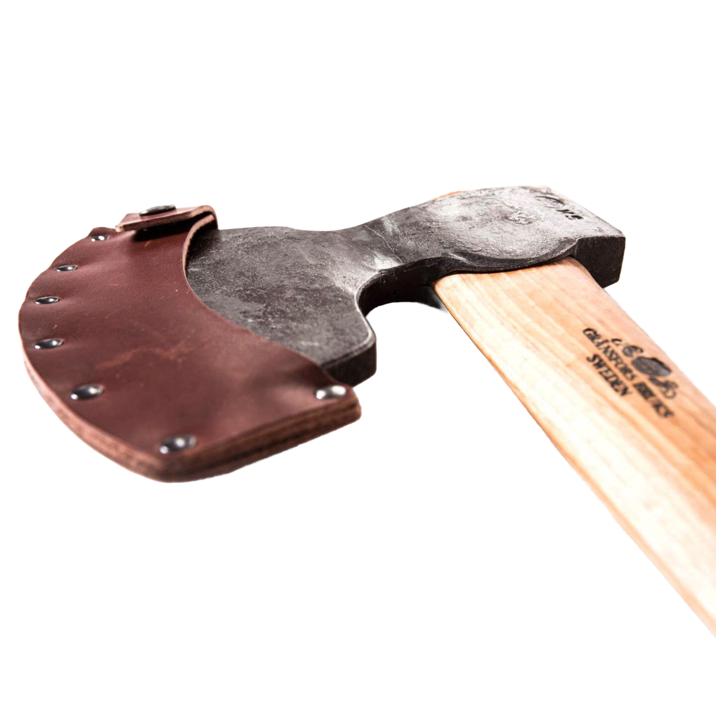 Close-up of a hand-forged broad axe with a wooden handle and protective brown leather sheath, designed for timber work, featured in Farm, Garden & Tool and Wood Cutting collections.