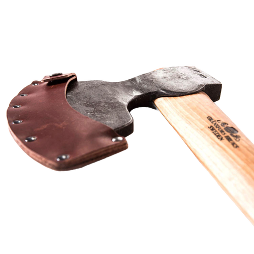Close-up of a hand-forged broad axe with a wooden handle and protective brown leather sheath, designed for timber work, featured in Farm, Garden & Tool and Wood Cutting collections.