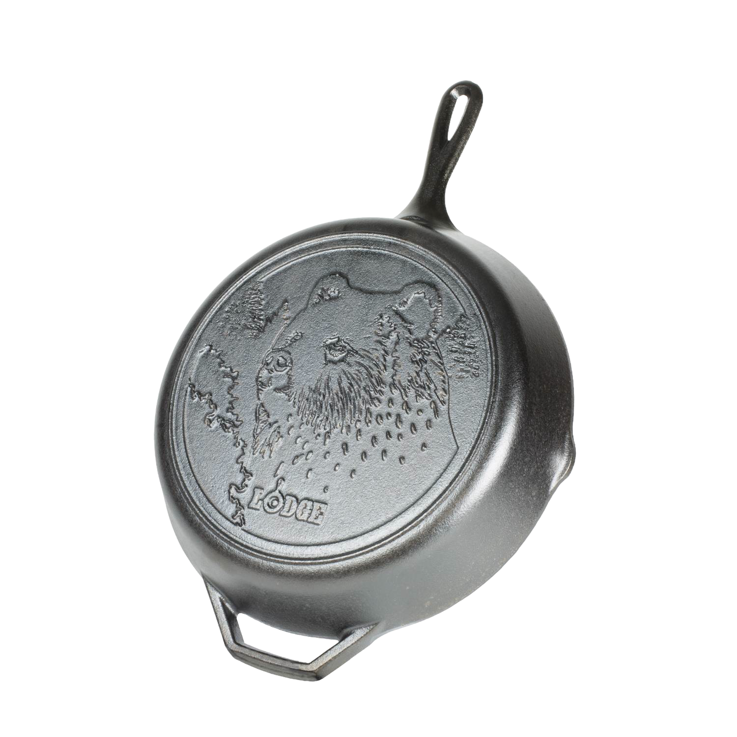 Heavy-duty cast iron skillet featuring a detailed brown bear design on the base, crafted in USA, ideal for Kitchen & Food, Cookware, Cast Iron, and Best Sellers collections.