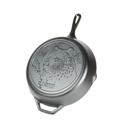 Heavy-duty cast iron skillet featuring a detailed brown bear design on the base, crafted in USA, ideal for Kitchen & Food, Cookware, Cast Iron, and Best Sellers collections.