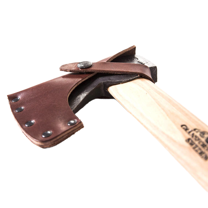 Close-up of a handcrafted compact hatchet with tempered Swedish steel blade protected by a brown leather sheath, featuring a smooth light wooden handle, ideal for Farm, Garden & Tool and Hand Tools and Hardware collections.
