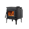 Black cast iron wood stove with visible burning fire inside, featuring a convection and radiant heat design, ideal for Stoves, Heatstoves, Best Sellers, and All Stoves & Appliances collections.