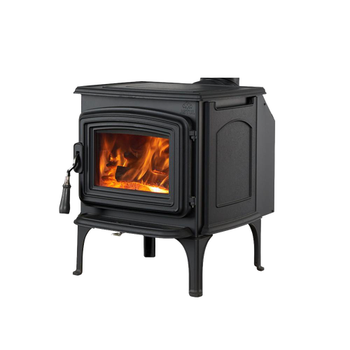 Black cast iron wood stove with visible burning fire inside, featuring a convection and radiant heat design, ideal for Stoves, Heatstoves, Best Sellers, and All Stoves & Appliances collections.