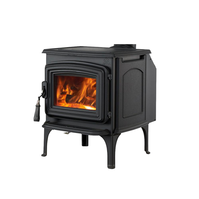 Black cast iron wood stove with visible burning fire inside, featuring a convection and radiant heat design, ideal for Stoves, Heatstoves, Best Sellers, and All Stoves & Appliances collections.