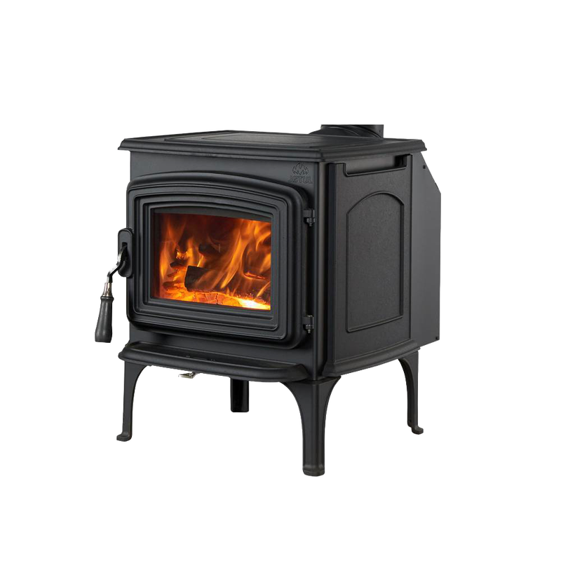 Black cast iron wood stove with visible burning fire inside, featuring a convection and radiant heat design, ideal for Stoves, Heatstoves, Best Sellers, and All Stoves & Appliances collections.
