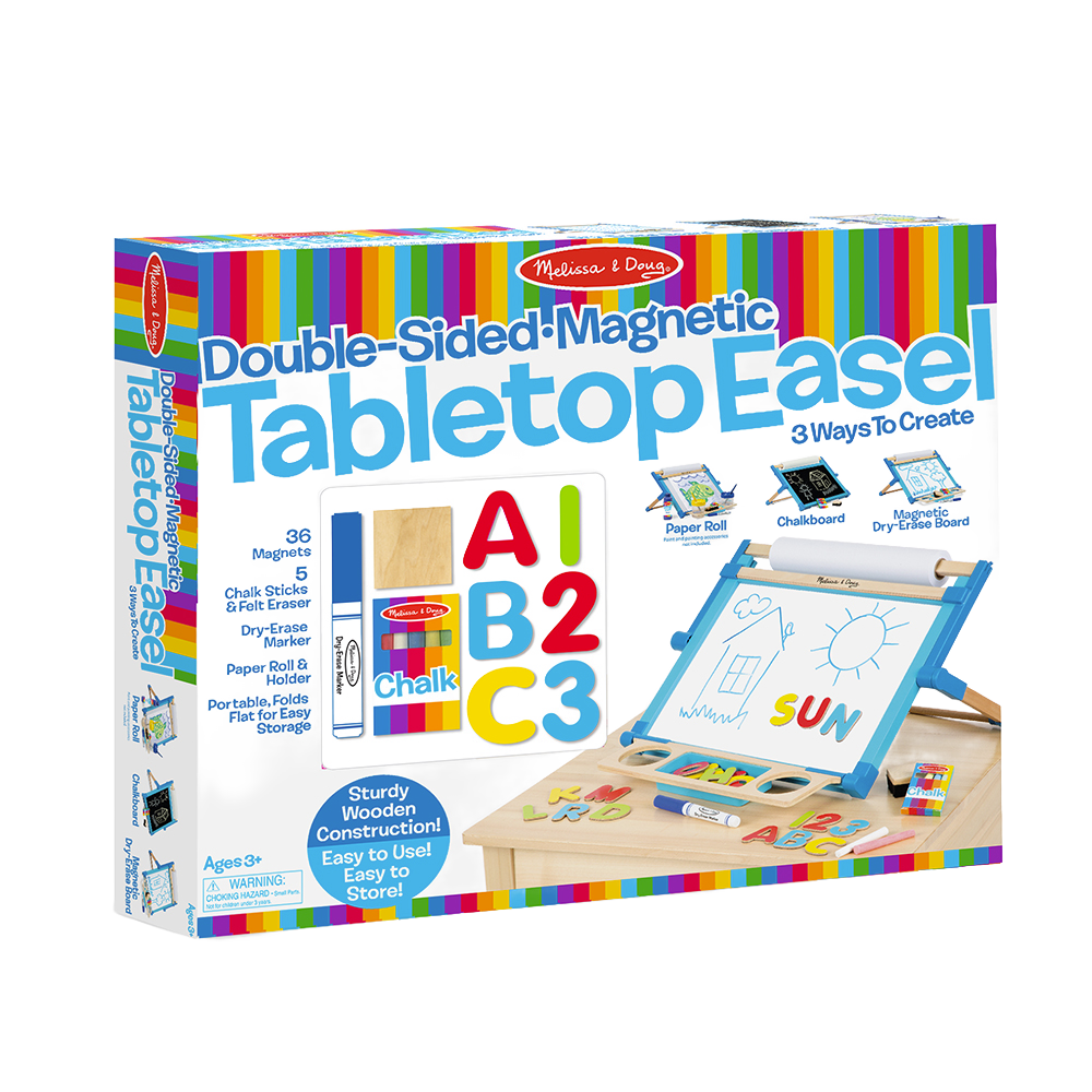 Handcrafted wooden children's double-sided tabletop easel featuring magnetic dry-erase board with colorful alphabet magnets, chalkboard, and paper-roll holder, ideal for arts and crafts in Toys, Books & Games, Children's Toys, Best Sellers, and Promo Eligible collections.
