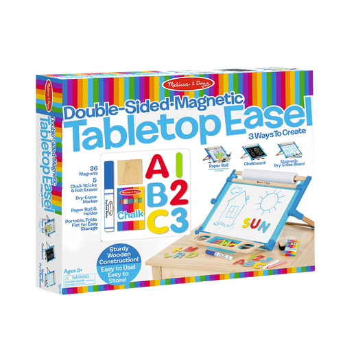 Handcrafted wooden children's double-sided tabletop easel featuring magnetic dry-erase board with colorful alphabet magnets, chalkboard, and paper-roll holder, ideal for arts and crafts in Toys, Books & Games, Children's Toys, Best Sellers, and Promo Eligible collections.