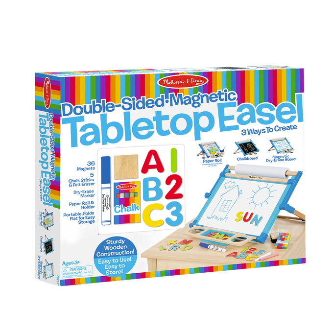 Handcrafted wooden children's double-sided tabletop easel featuring magnetic dry-erase board with colorful alphabet magnets, chalkboard, and paper-roll holder, ideal for arts and crafts in Toys, Books & Games, Children's Toys, Best Sellers, and Promo Eligible collections.