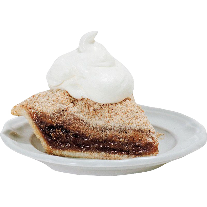 A slice of handcrafted shoofly pie with a golden crumb topping and a dollop of fresh whipped cream on a white plate, featured in Kitchen & Food, Snacks and Sweets, USA Made, Best Sellers, and Promo Eligible collections.