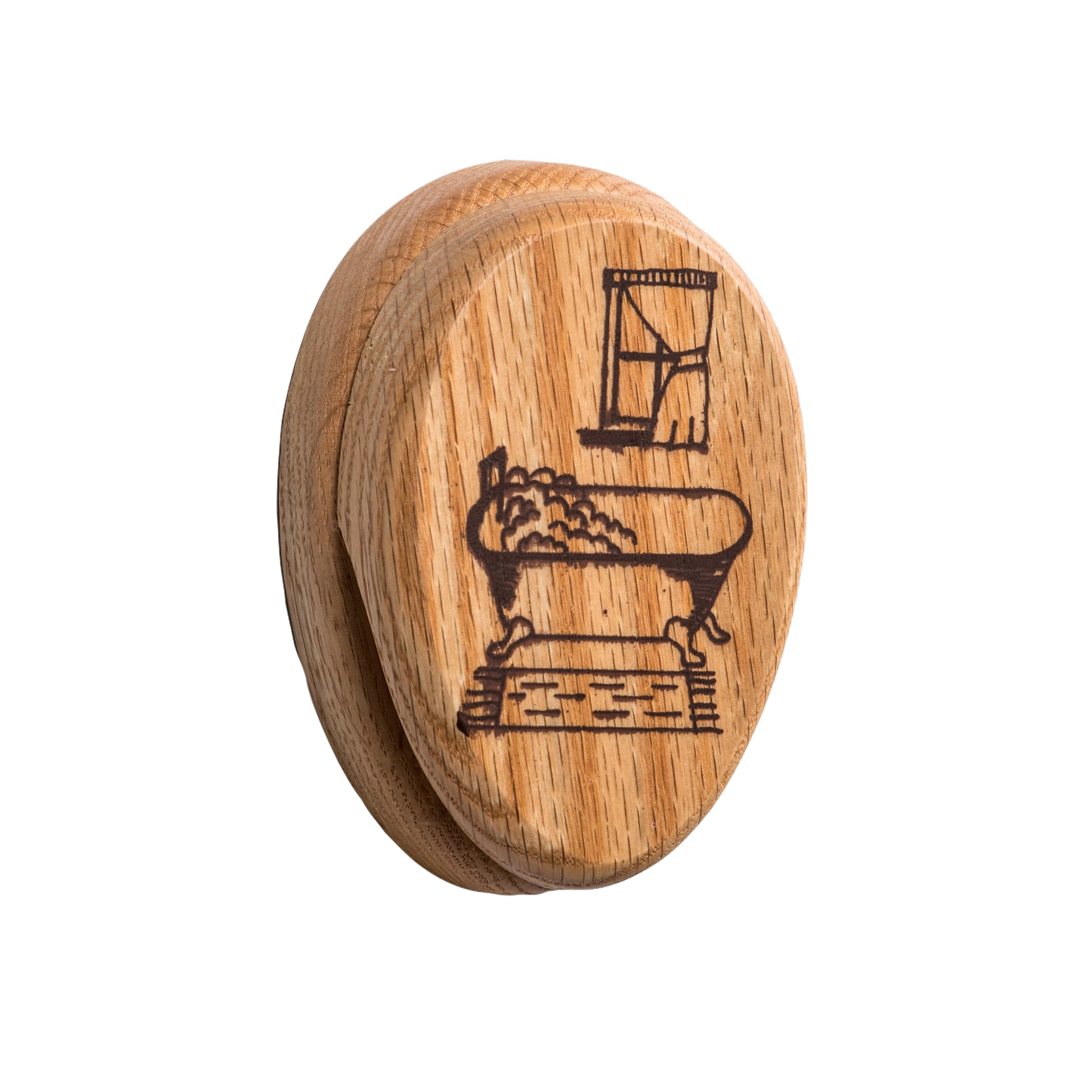 Handcrafted oak towel holder with a protective clear finish, featuring a rustic engraved bathtub and window design, part of Home & Decor, Household Helpers, USA Made, Amish Made, and Best Sellers collections.