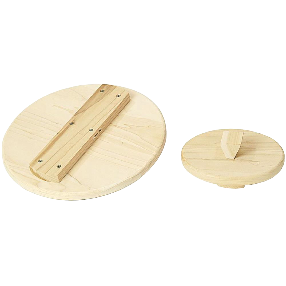 Two handcrafted unfinished poplar wooden lids, one with a support bar and one with a handle knob, designed for Kitchen & Food, Food Preservation, Fermenting and Pickling, USA Made, and Best Sellers collections.