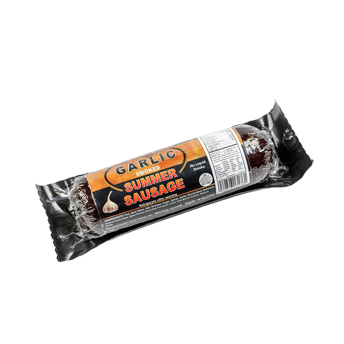 Handcrafted garlic smoked summer sausage made in USA, vacuum-sealed for freshness and perfect for Kitchen & Food, Snacks and Sweets, Pantry, Meats, and Best Sellers collections.