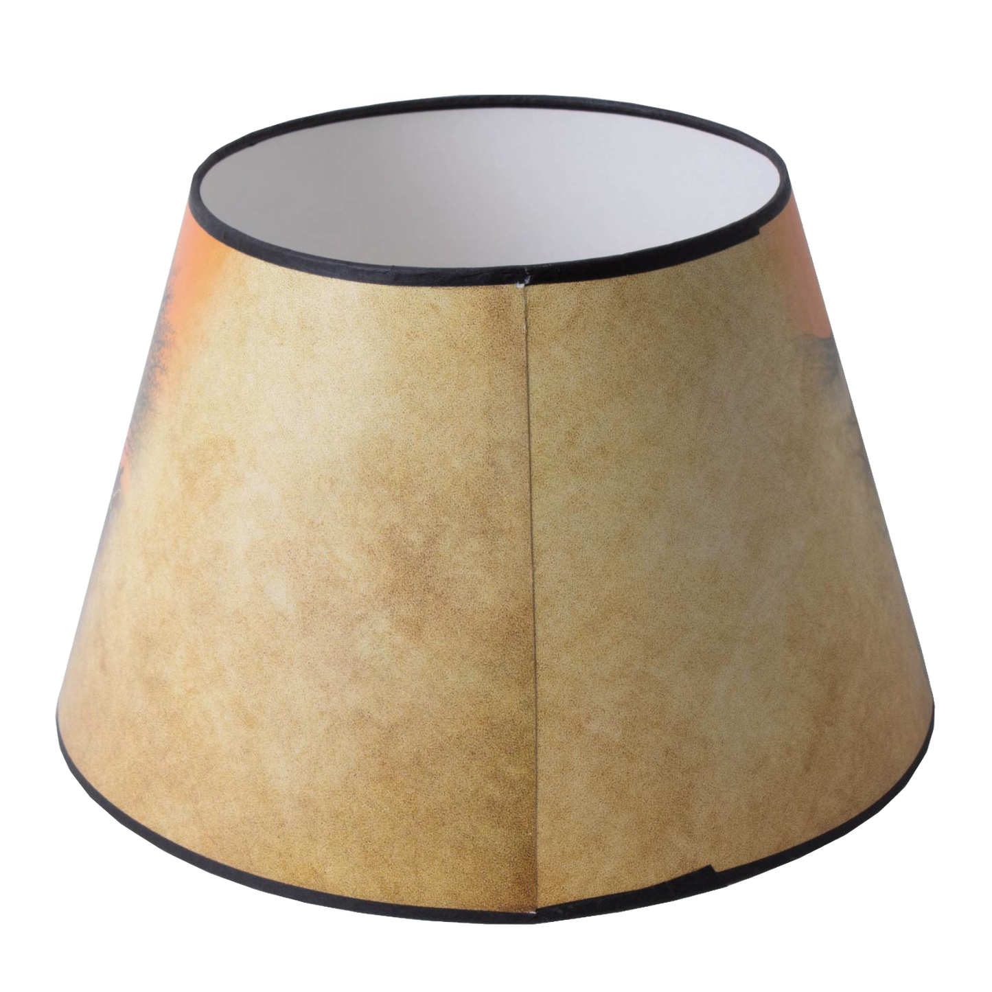 Southwestern-inspired parchment lamp shade with warm tones and black trim, designed to diffuse light softly, handcrafted for Aladdin lamps in Lamps & Lighting collection.