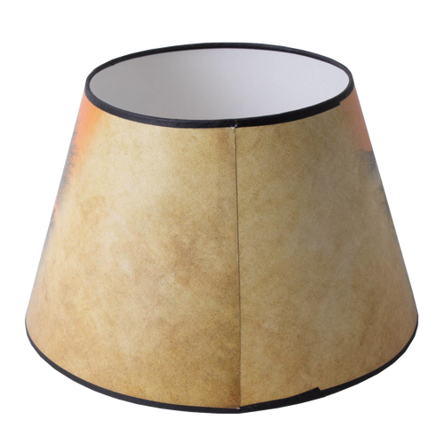 Southwestern-inspired parchment lamp shade with warm tones and black trim, designed to diffuse light softly, handcrafted for Aladdin lamps in Lamps & Lighting collection.