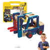 Handcrafted wooden forklift toy kit featuring blue and natural wood tones with red wheels, ideal for children’s indoor play, arts and crafts, and wooden toys collections.