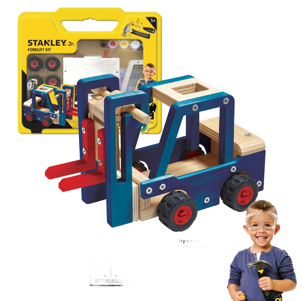 Handcrafted wooden forklift toy kit featuring blue and natural wood tones with red wheels, ideal for children’s indoor play, arts and crafts, and wooden toys collections.