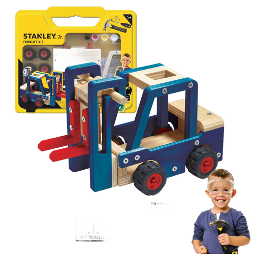 Handcrafted wooden forklift toy kit featuring blue and natural wood tones with red wheels, ideal for children’s indoor play, arts and crafts, and wooden toys collections.