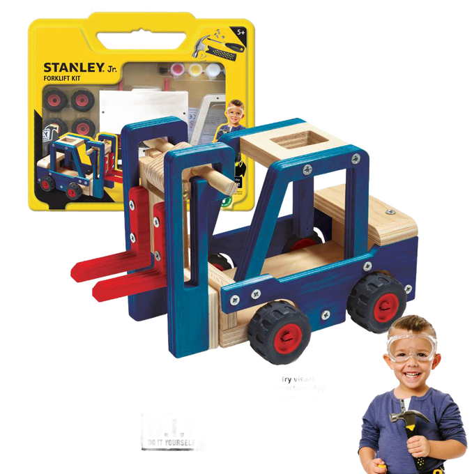 Handcrafted wooden forklift toy kit featuring blue and natural wood tones with red wheels, ideal for children’s indoor play, arts and crafts, and wooden toys collections.