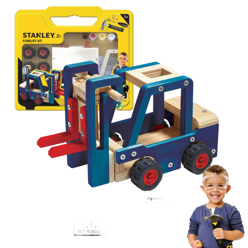 Handcrafted wooden forklift toy kit featuring blue and natural wood tones with red wheels, ideal for children’s indoor play, arts and crafts, and wooden toys collections.