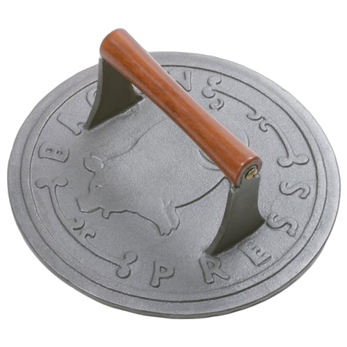 Heavy-duty cast iron grill press with smooth hardwood handle, featuring embossed buffalo design, ideal for kitchen and food, cast iron cookware, grilling, and cooking helper collections.