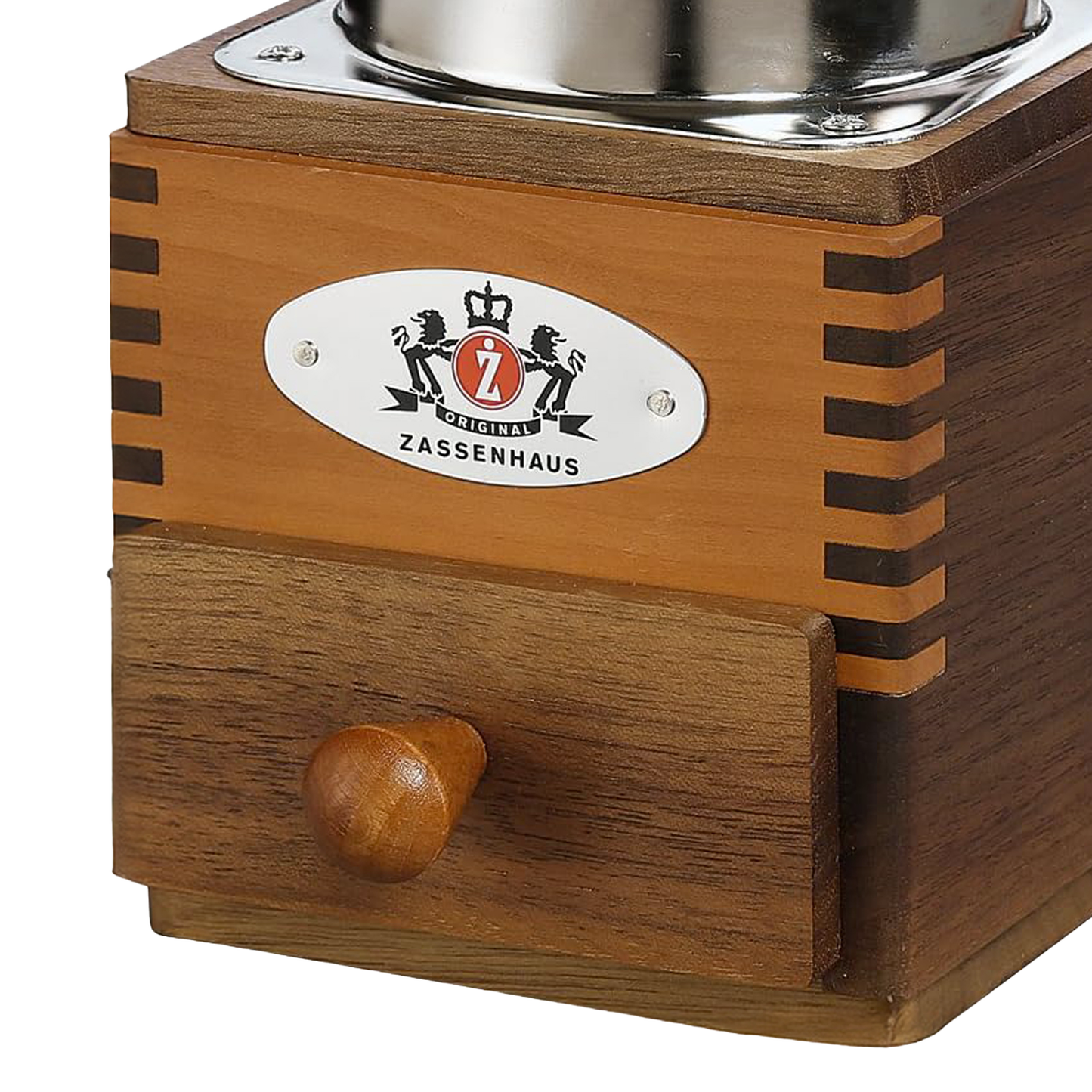 Close-up of the handcrafted wooden base and small drawer of a top-crank coffee mill with a polished steel hopper, ideal for Farm, Garden & Tool, Kitchen & Food, and Brewing Coffee and Tea collections.