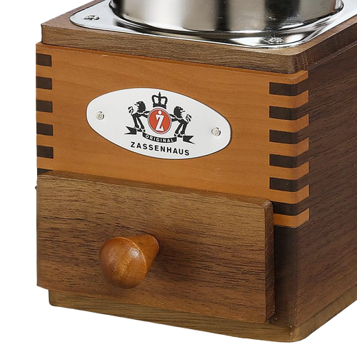 Close-up of the handcrafted wooden base and small drawer of a top-crank coffee mill with a polished steel hopper, ideal for Farm, Garden & Tool, Kitchen & Food, and Brewing Coffee and Tea collections.