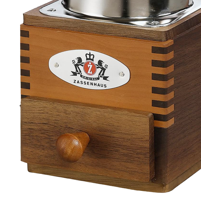 Close-up of the handcrafted wooden base and small drawer of a top-crank coffee mill with a polished steel hopper, ideal for Farm, Garden & Tool, Kitchen & Food, and Brewing Coffee and Tea collections.