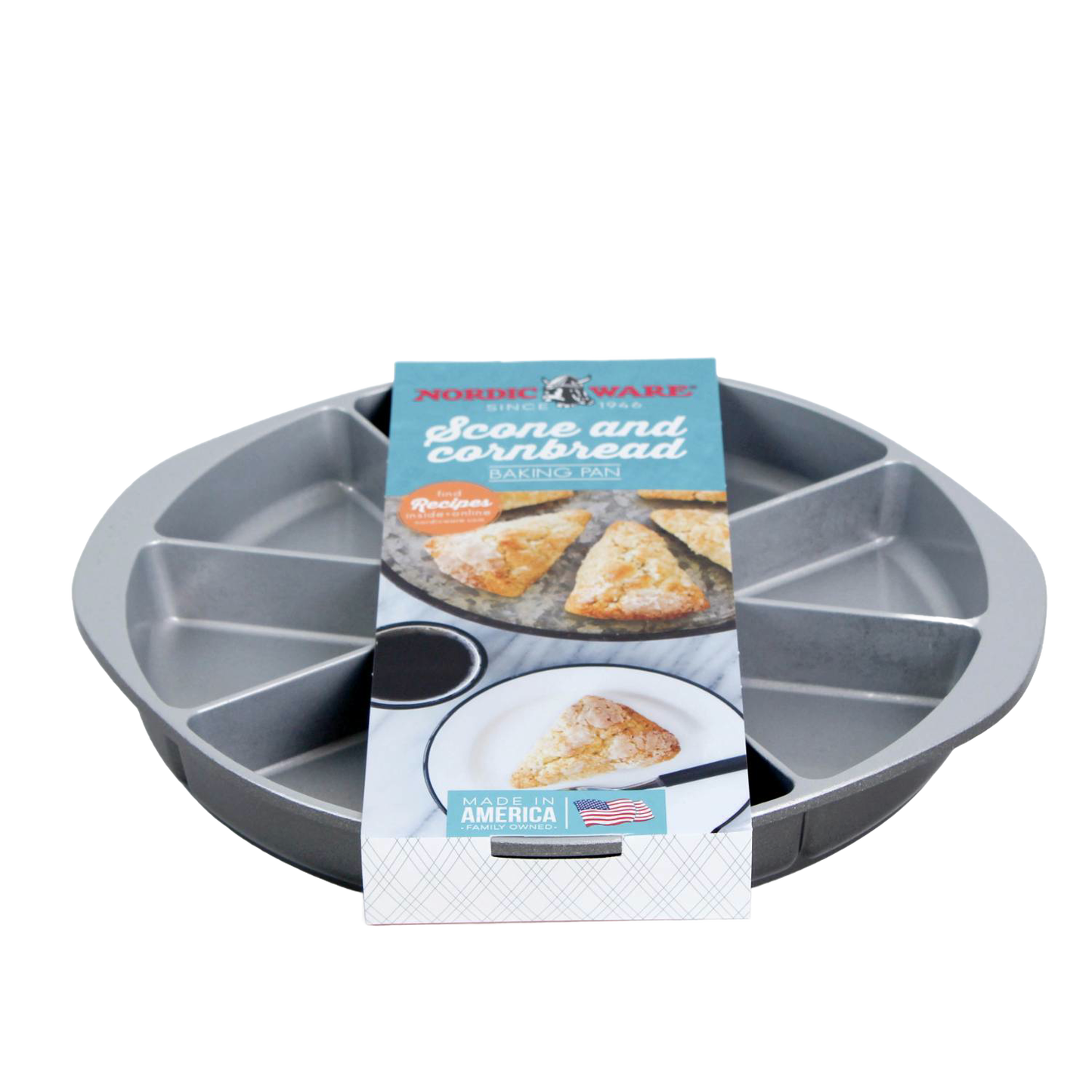 Heavy cast aluminum pan with eight evenly divided sections for baking cornbread and scones, featuring a nonstick surface, ideal for Kitchen & Food, Cookware, USA Made, and Best Sellers collections.