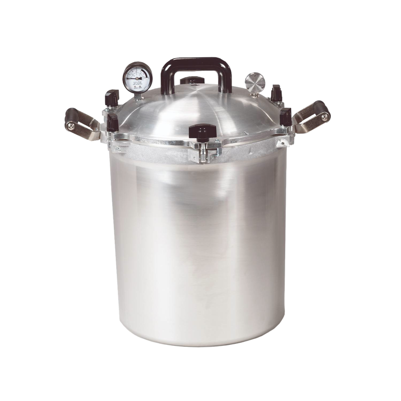 Heavy-duty polished aluminum 30 quart pressure canner with secure locking lid, pressure gauge, and handles, designed for safe food preservation in Farm, Garden & Tool, Kitchen & Food, and Canning collections.