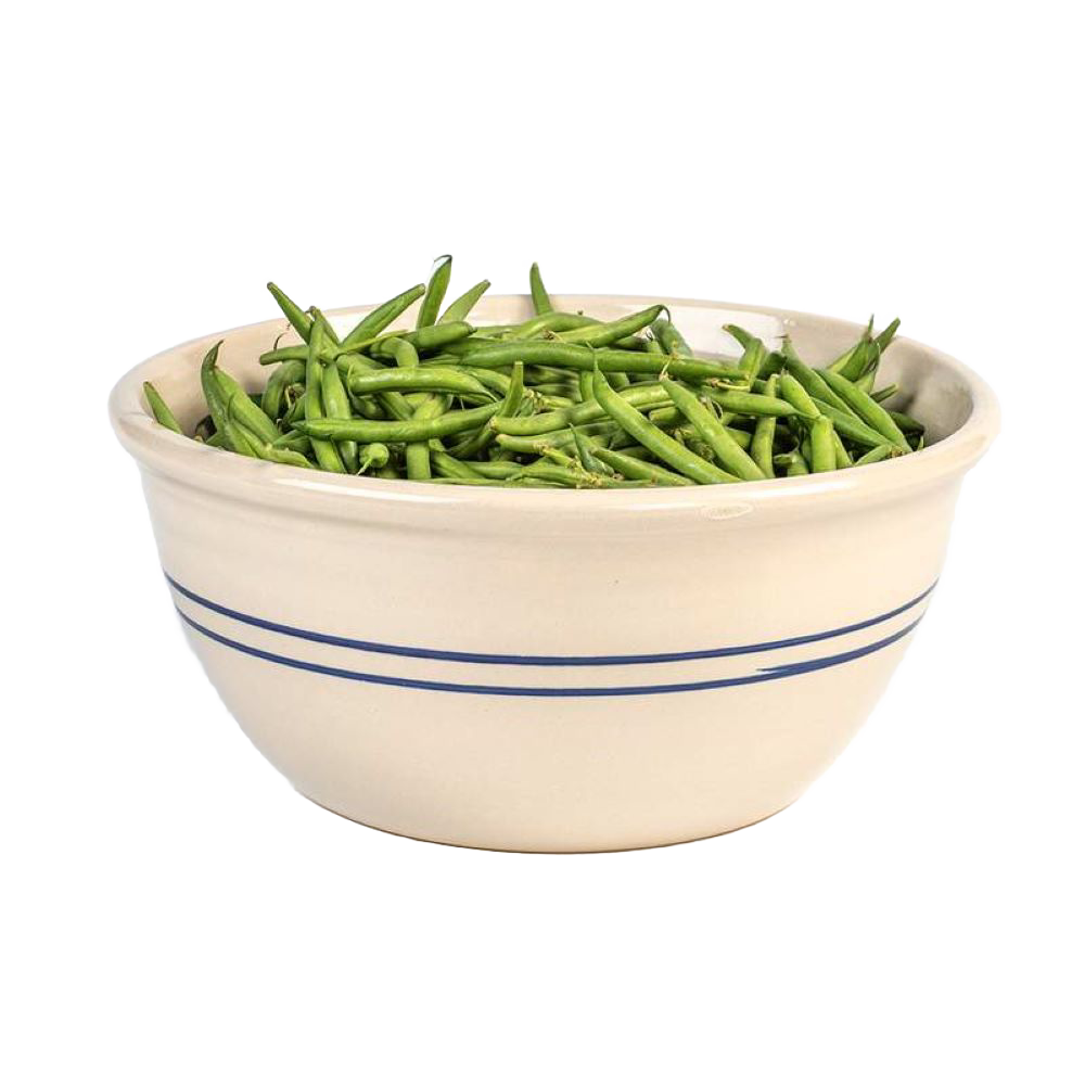 Handcrafted 14-inch stoneware mixing bowl with classic blue stripes, made in the USA, ideal for Kitchen & Food, Baking Supplies, Storage and Serving, and USA Made collections.