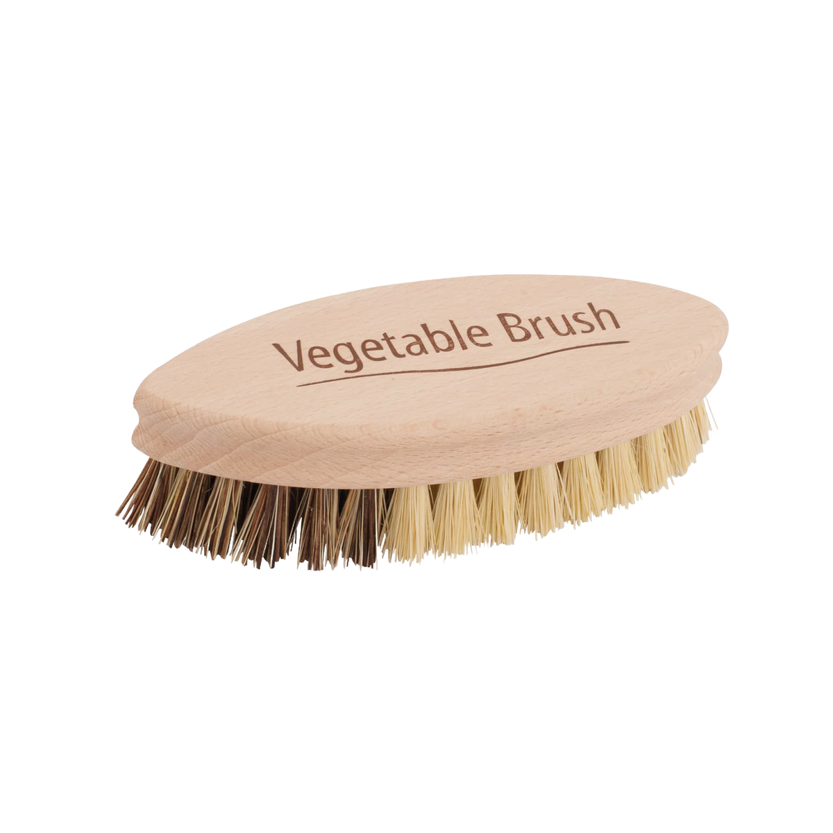 Handcrafted vegetable brush with dual plant fiber bristles and a smooth wooden handle, designed for gentle and effective cleaning in Kitchen & Food and Kitchen Gadgets collections.