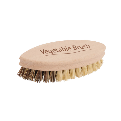 Handcrafted vegetable brush with dual plant fiber bristles and a smooth wooden handle, designed for gentle and effective cleaning in Kitchen & Food and Kitchen Gadgets collections.