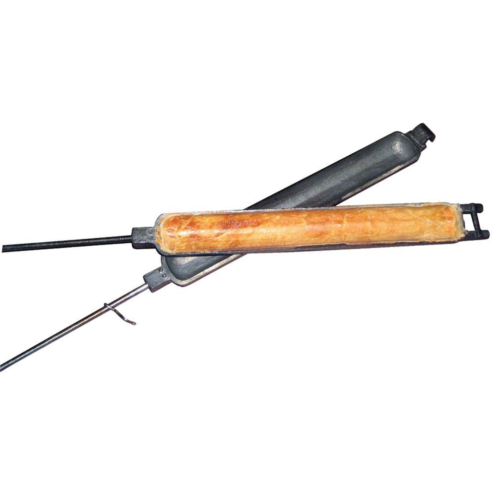 Handcrafted cast iron campfire bread baker with heavy-duty handles, perfect for baking fresh bread outdoors, featured in Kitchen & Food, Camping, and Cookware collections.