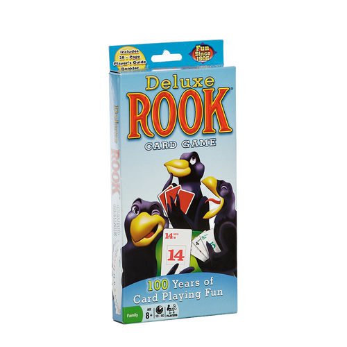 Boxed deluxe card game set featuring playful cartoon rook birds holding numbered cards, including a 28-page player’s guide, ideal for toys, games, puzzles, and table game collections.