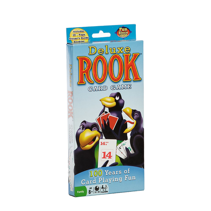 Boxed deluxe card game set featuring playful cartoon rook birds holding numbered cards, including a 28-page player’s guide, ideal for toys, games, puzzles, and table game collections.