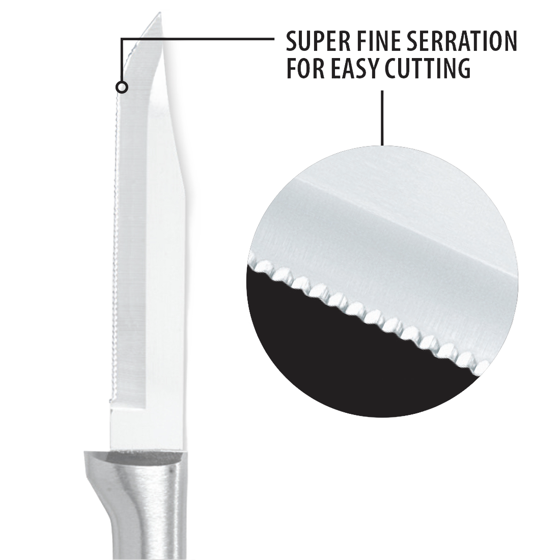 High carbon stainless steel serrated blade with super fine teeth and solid aluminum handle, designed for easy cutting, ideal for Kitchen Knives, Food Prep, Farm, Garden & Tool, and USA Made collections.