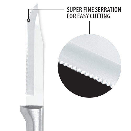 High carbon stainless steel serrated blade with super fine teeth and solid aluminum handle, designed for easy cutting, ideal for Kitchen Knives, Food Prep, Farm, Garden & Tool, and USA Made collections.