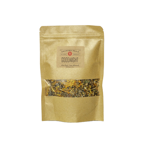 Resealable kraft paper pouch containing handcrafted Goodnight loose leaf herbal tea blend, made in USA, ideal for Kitchen & Food, Brewing Coffee and Tea, Best Sellers, and Promo Eligible collections.