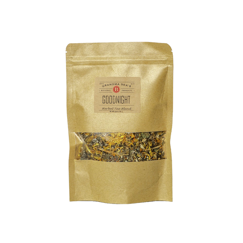 Resealable kraft paper pouch containing handcrafted Goodnight loose leaf herbal tea blend, made in USA, ideal for Kitchen & Food, Brewing Coffee and Tea, Best Sellers, and Promo Eligible collections.