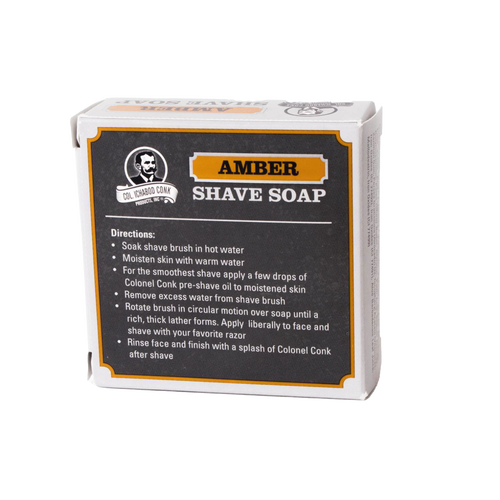 Boxed amber shaving soap with vintage-style label featuring usage instructions, part of Health & Wellness, Grooming and Personal Hygiene, Soaps and Soapmaking, USA Made, Best Sellers, and Promo Eligible collections.