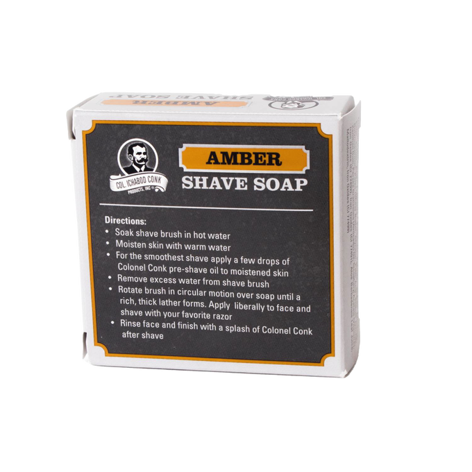 Boxed amber shaving soap with vintage-style label featuring usage instructions, part of Health & Wellness, Grooming and Personal Hygiene, Soaps and Soapmaking, USA Made, Best Sellers, and Promo Eligible collections.