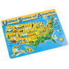 Wooden educational map puzzle depicting the United States with each state highlighted, colorful illustrations of landmarks and symbols, designed for learning, featured in Toys, Books & Games, Puzzles, Best Sellers, and Promo Eligible collections.