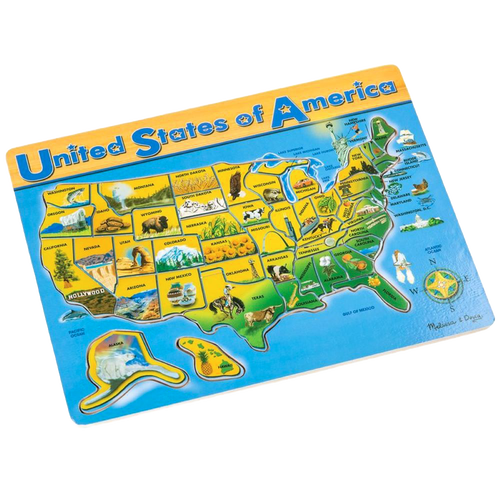 Wooden educational map puzzle depicting the United States with each state highlighted, colorful illustrations of landmarks and symbols, designed for learning, featured in Toys, Books & Games, Puzzles, Best Sellers, and Promo Eligible collections.
