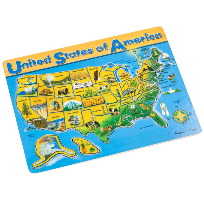 Wooden educational map puzzle depicting the United States with each state highlighted, colorful illustrations of landmarks and symbols, designed for learning, featured in Toys, Books & Games, Puzzles, Best Sellers, and Promo Eligible collections.