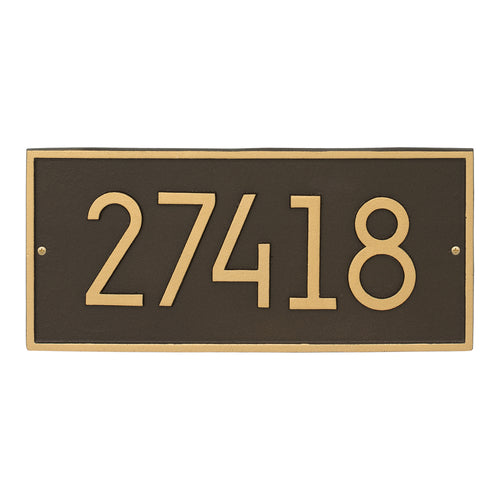 Modern rectangular custom address plaque in aged bronze finish with bold numbers and gold-toned border, handcrafted in the USA, featured in Home & Decor and Mailboxes collections.