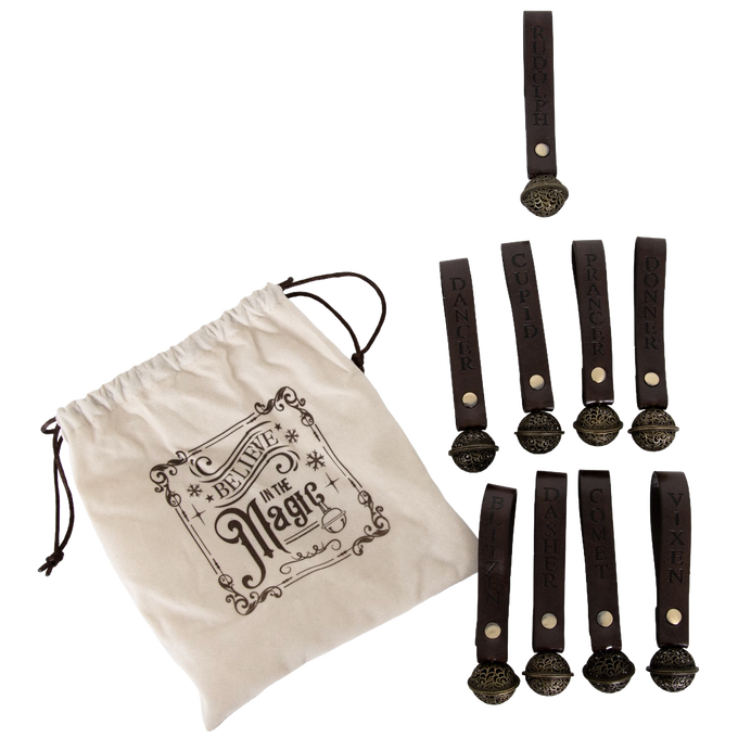 Handcrafted set of nine vintage-style reindeer bells with brown leather straps engraved with each reindeer's name, paired with a festive drawstring bag, perfect for Home & Decor, Holiday Decor, Best Sellers, Promo Eligible, and Sale collections.