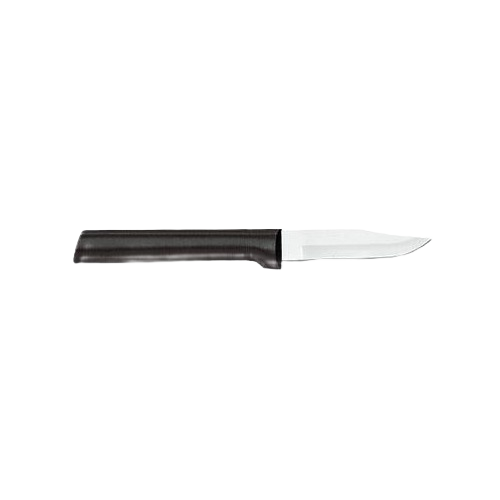 Handcrafted small paring knife with a smooth black handle and a sharp stainless steel blade, designed for precise peeling and cutting in kitchen and food prep, USA made.