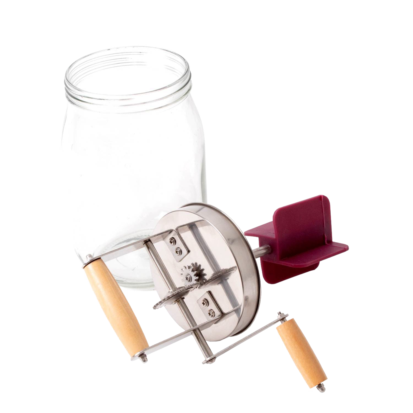 Mini glass butter churn with wooden handle and metal gear mechanism, handcrafted for making butter at home, featured in Farm, Garden & Tool and Homesteading collections.