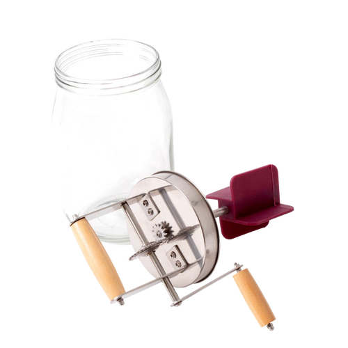 Mini glass butter churn with wooden handle and metal gear mechanism, handcrafted for making butter at home, featured in Farm, Garden & Tool and Homesteading collections.
