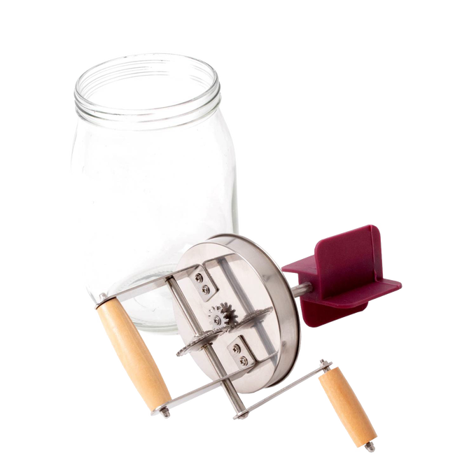 Mini glass butter churn with wooden handle and metal gear mechanism, handcrafted for making butter at home, featured in Farm, Garden & Tool and Homesteading collections.